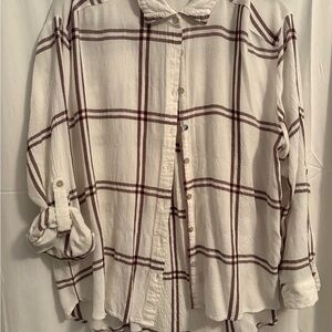 Women's White and Brown Plaid Button Down Shirt